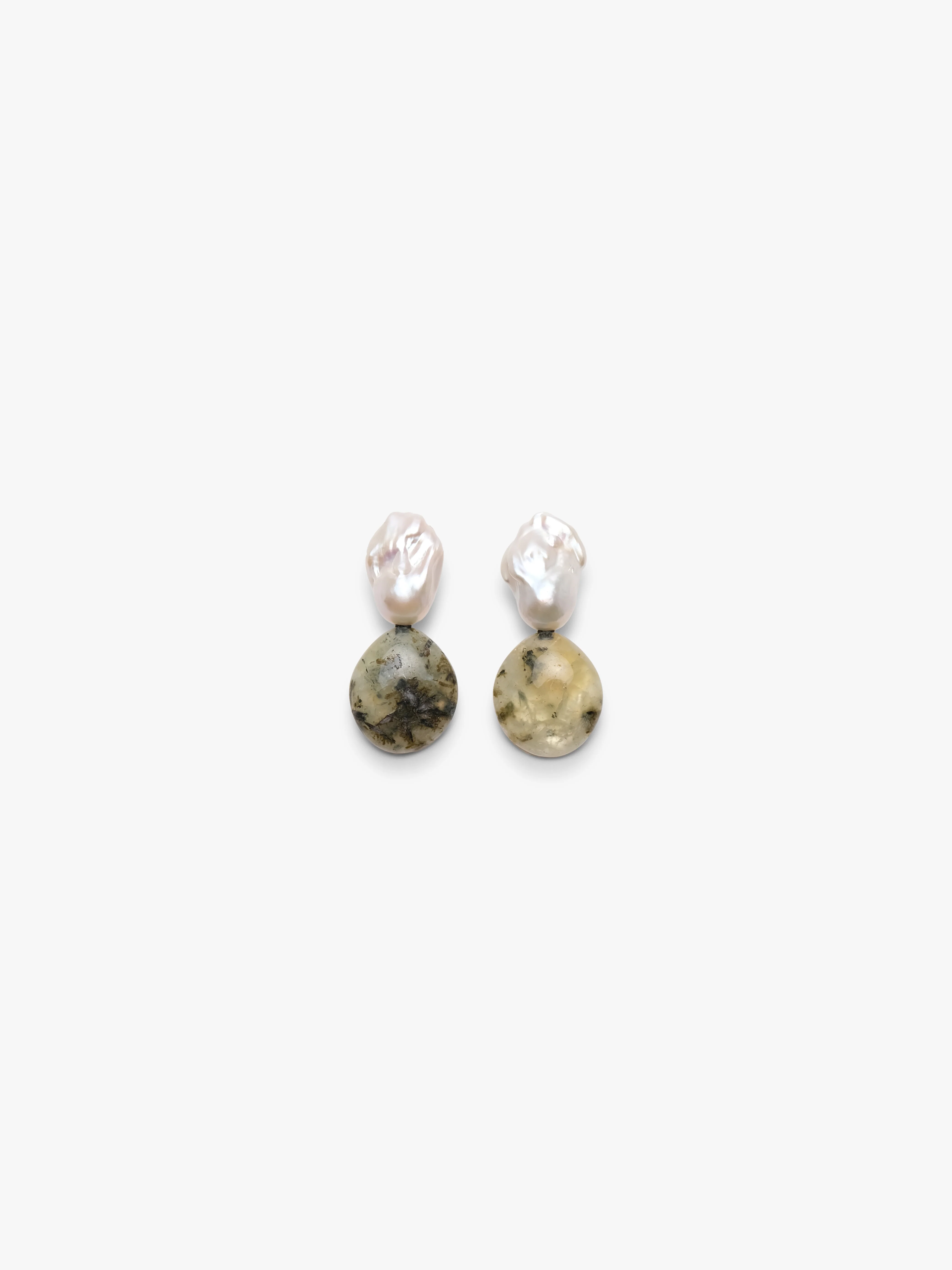 Earrings: prehnite, baroque pearl, mother of pearl